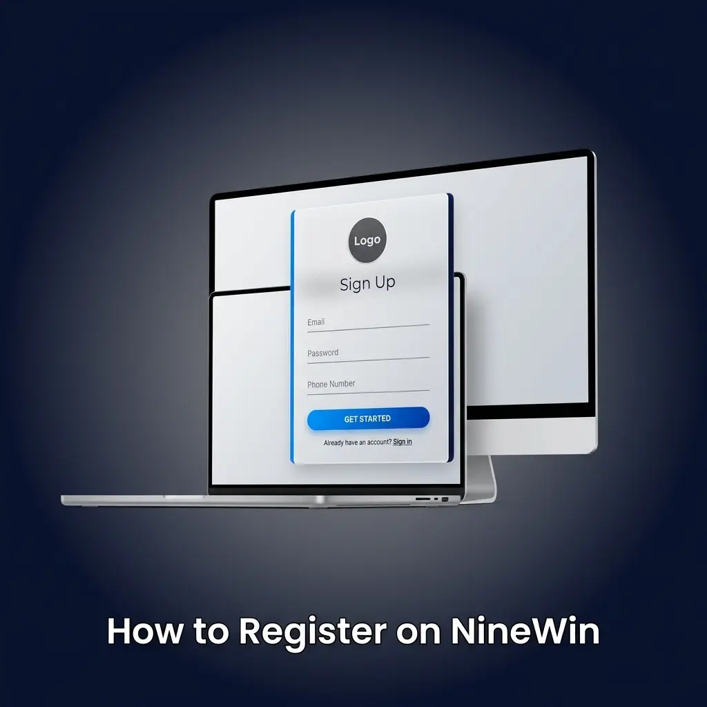 NineWin registration steps showing sign-up form, email verification, and welcome bonus of €1,500 plus 250 Free Spins