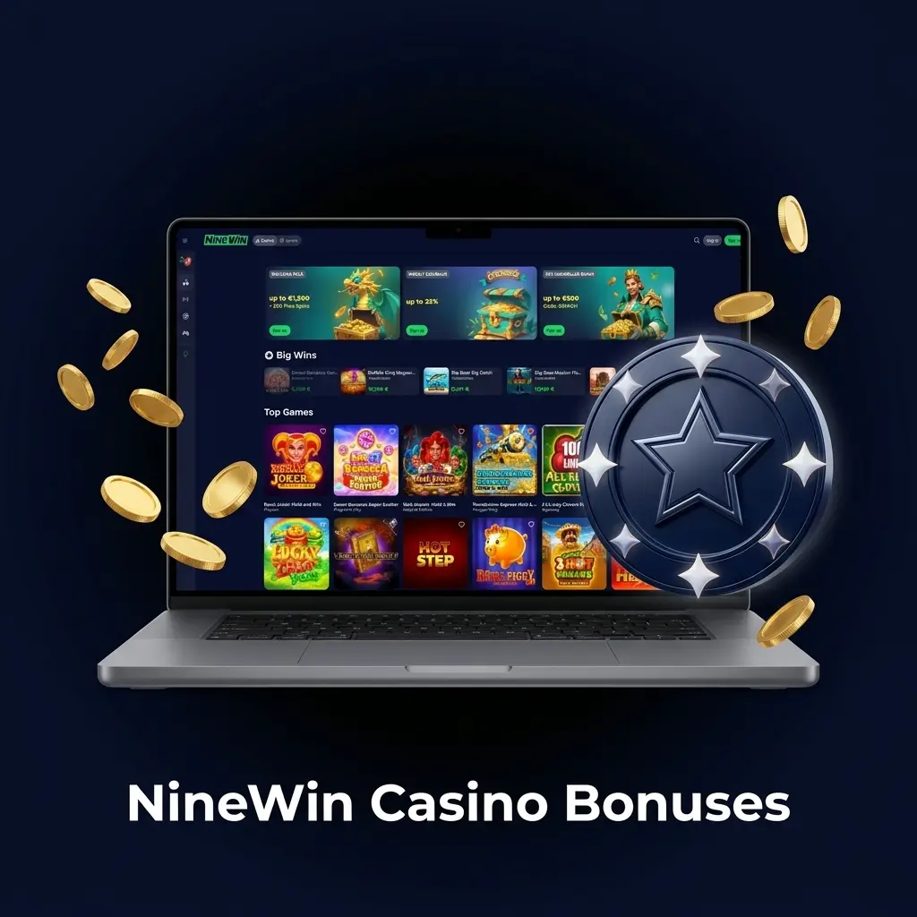 NineWin Casino bonuses including welcome package, weekly reload, free spins Friday, cashback offers and slot tournaments