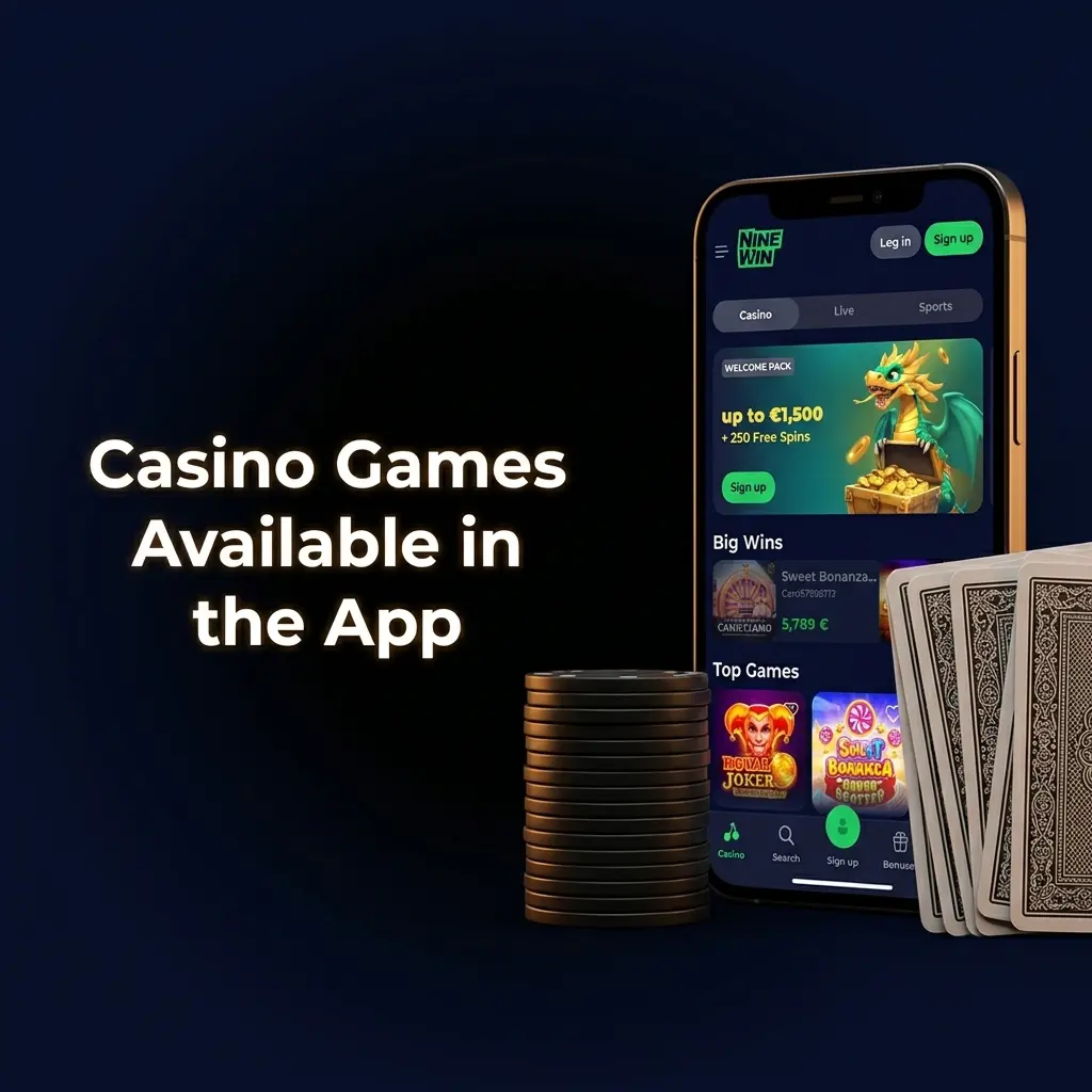 NineWin mobile app casino lobby showing slots, live dealer games, crash games and jackpot titles from top providers
