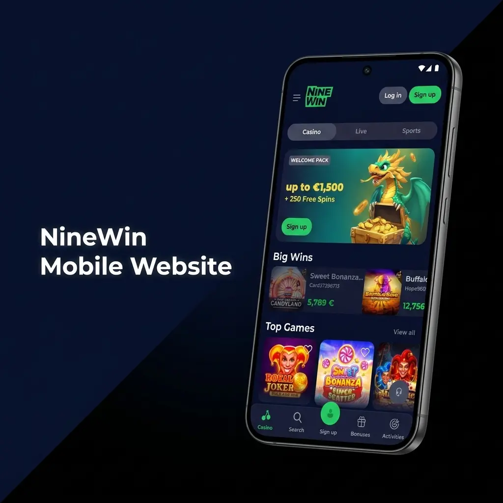 NineWin mobile website interface showing sports betting and casino games accessible via mobile browser