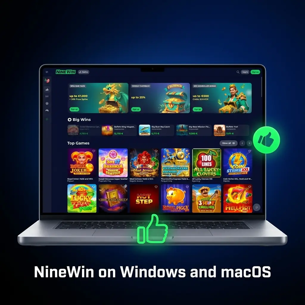 NineWin casino accessible via browser on Windows and macOS with no desktop app required