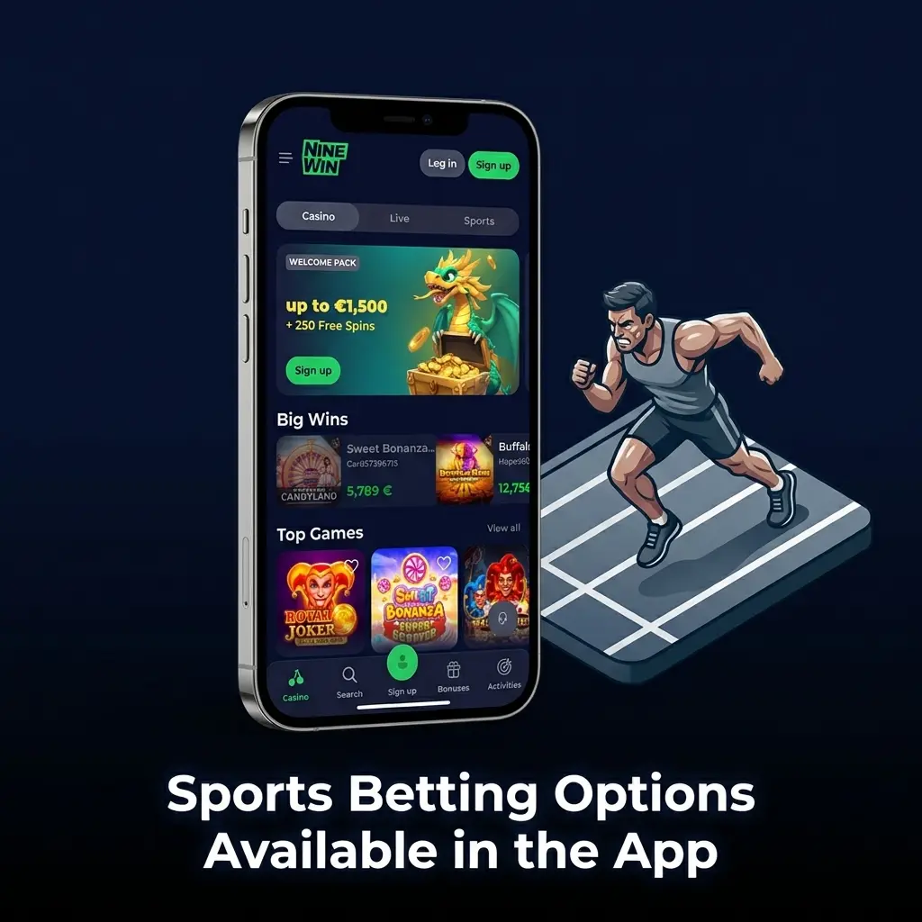 NineWin sportsbook mobile app showing betting options for football, tennis, cricket, horse racing, rugby, and esports markets