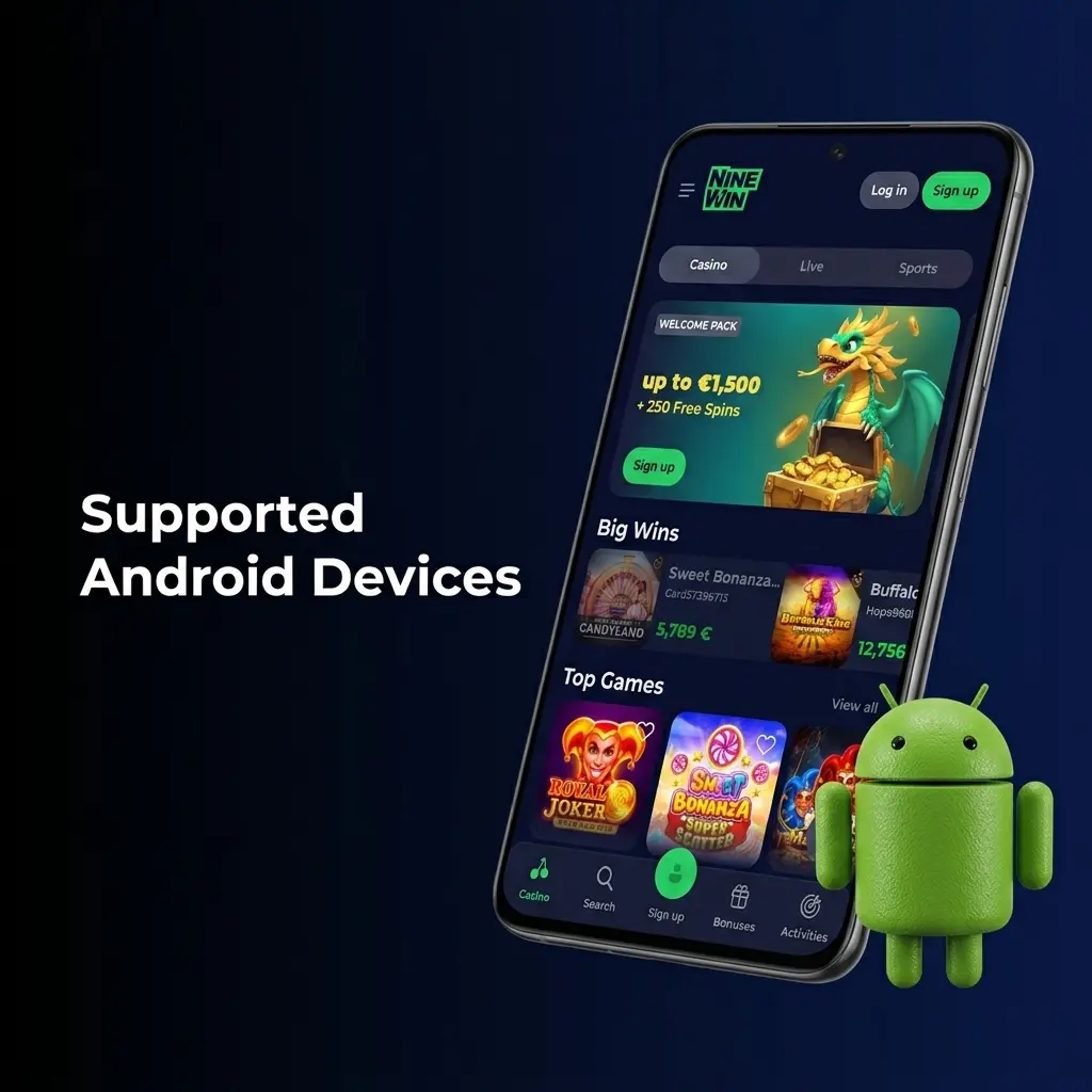 List of supported Android devices for NineWin web app including Samsung Galaxy, Google Pixel, OnePlus, Xiaomi, Oppo, Sony, Motorola and Realme