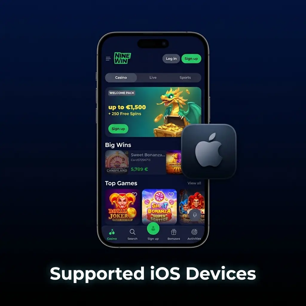 NineWin mobile app supported iOS devices list including iPhone XR to iPhone 15 Pro and iPad models running iOS 14 or later