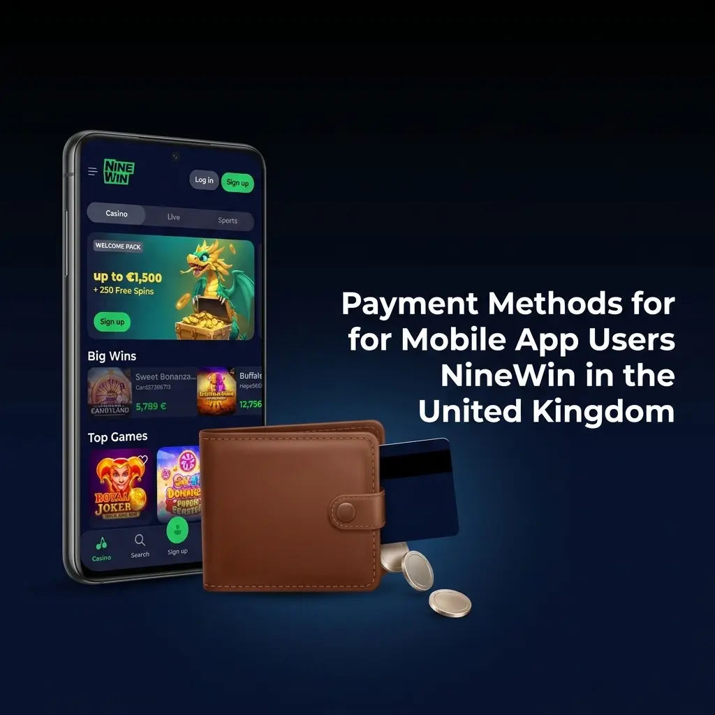 NineWin mobile app payment methods for UK users including Visa, Mastercard, Apple Pay, Google Pay, and cryptocurrencies