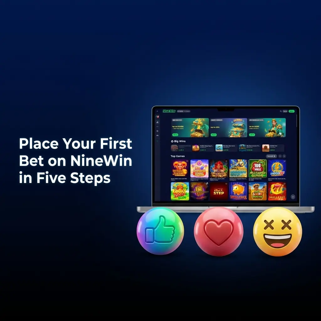 NineWin first bet guide showing five steps from registration and deposit to selecting a market and placing a bet