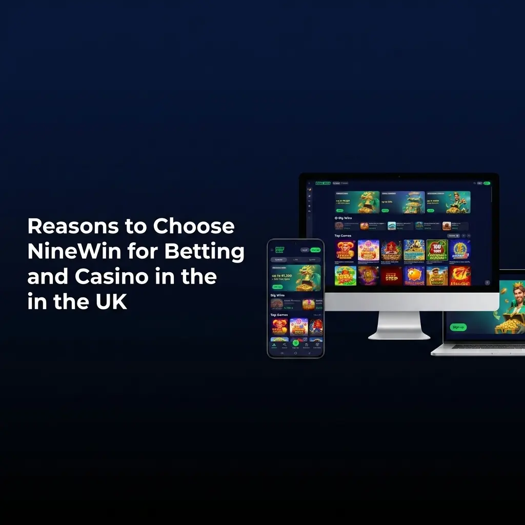 NineWin UK betting and casino platform showing sportsbook, casino games, mobile app, and payment options under one licence
