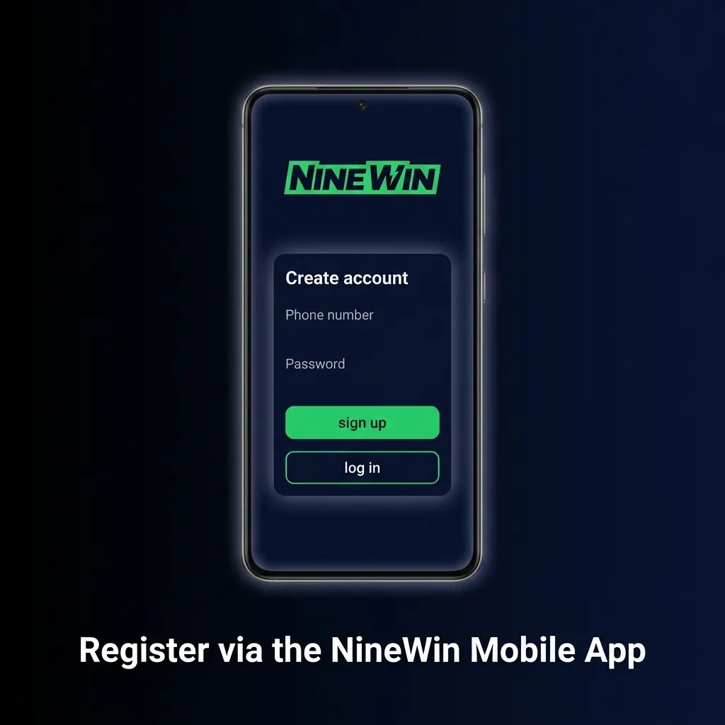NineWin PWA mobile registration steps shown on a touchscreen device with Sign Up button visible