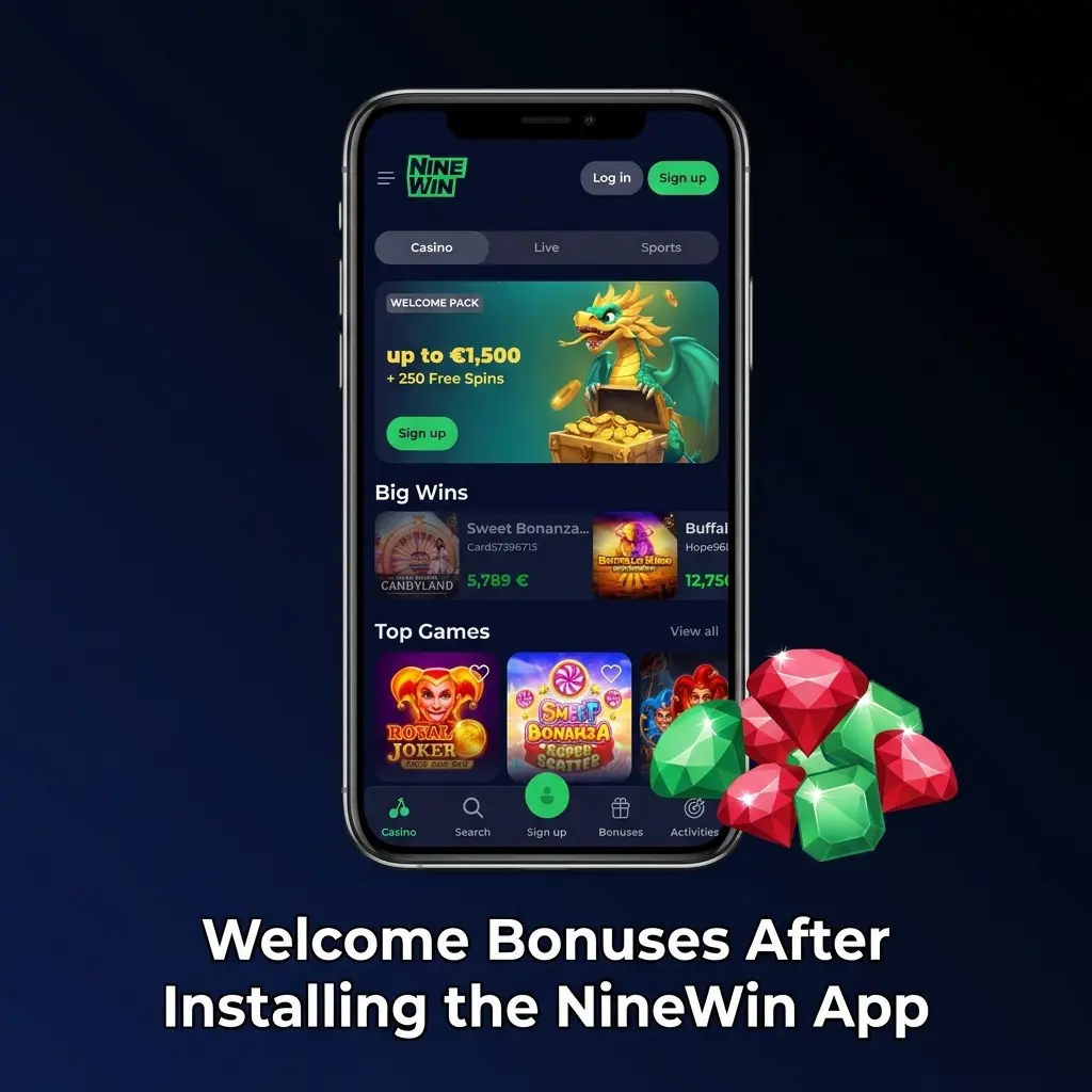NineWin app welcome bonuses showing up to EUR 1,500 and 250 free spins across first four deposits for UK players